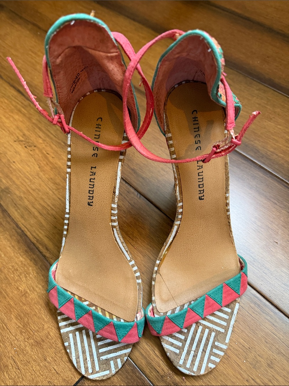 Chinese Laundry Teal and Pink Geometric Ankle-Strap Heels